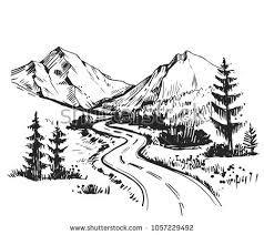 Black And White Road Drawing Sketch Of A Landscape With A Road And Mountains Hand Drawn Illustration Converted To Vector Landscape Drawings Landscape Sketch Mountain Drawing