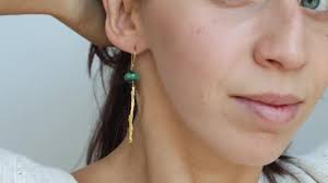 Emerald twig earring, brass jewelry, gold plated earrings, long earrings