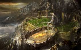 There Is An Outdoor Arena On A Cliff In The Realm Of Vampyre Reckon What Vampires Watch At An Arena Fantasy Castle Fantasy Landscape Fantasy Art
