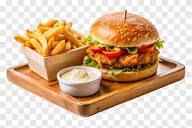 Heerlijke Kaasachtige Kipburger Met Frietjes En Witte Saus Op Geïsoleerde Achtergrond, Hamburger, Cheeseburger, Kipburger Afbeelding PNG Met Transparante Achtergrond Voor Gratis Download