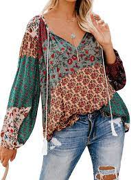 Women's floral shirts & blouses. Farysays Women S Casual Boho Floral Print V Neck Long Sleeve Shirts Tops Loose Blouses At Amazon Women S Clothing Store