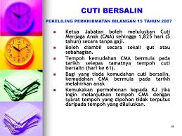 Pekeliling perkhidmatan bilangan 14 tahun 2010 telah menetapkan bahawa seseorang pegawai yang bersalin layak mendapat cuti. Bhg Pengurusan Sumber Manusia Kementerian Pendidikan Malaysia Ppt Download