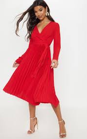 Red Long Sleeve Pleated Midi Dress Long Sleeve Midi Dress Pleated Midi Dress Knee Length Dresses