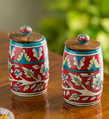 Each canister is finished in a very attractive red color and it includes some. Buy 570 Ml Ceramic Jar In Multicolor Set Of 2 By Exclusivelane Online Canisters Kitchen Containers Discontinued Pepperfry Product