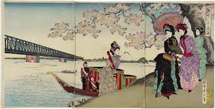 Excursion To View Cherry Blossoms By The Sumida River Sumidagawa Hana No Yuran Meiji Era Japanese Woodblock Printing Japanese Prints