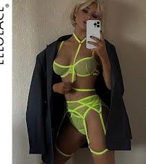 US$23.54-Ellolace Neon Green Female Lingerie Seamless Underwear Uncensored  4 Piece Sensual Sheer Bra And Panty Set Fine Exotic Se-Description
