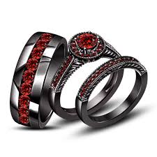 Red Garnet Black Gold Finish 925 Silver Trio Engagement Ring Set Free Shipping Wedding Ring Trio Sets Garnet Engagement Ring Black Engagement Ring