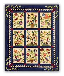 Cute retro spring and garden elements as fabric patch applique of bird house, flowers in pots and birds. My Enchanted Garden Silk Matka And Wool Applique Bom Or All At Once By Gretchen Gibbons