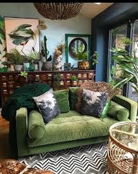 Living Room Interior Design Green Sofa Love Seat Dark Moody Indoor Plants Bohemian Boho Living Room Home Decor House Interior