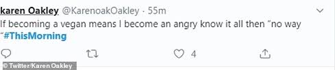 Not very vegan if you ask me. This Morning Viewers Put Off Going Vegan After Rude Vegan Activist Gets Angry At Meat Eater Guest Daily Mail Online