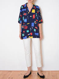 90 S Abstract Print Blouse Multicolor Shirt Navy Blue White Red Yellow Blue And Green Artistic Pop Art Multicolor Shirt Printed Blouse Blouse Vintage