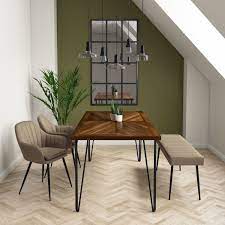 The traditional design emphasizes the natural grain of the wood, allowing it to shine. Drew Dark Wood Dining Table With 2 Dining Chairs 1 Bench In Beige Faux Leather Furniture123