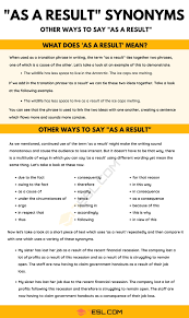 @08eddy:as a result example as a result i prepare myself for the test for 2 weeks as a result as a result of today i will get the final grade and i pass the course. As A Result Synonym 20 Different Ways To Say As A Result With Useful Examples 7esl Other Ways To Say Slang Words English Vocabulary Words