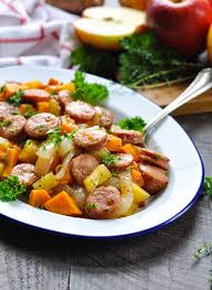 Chicken sausage links are hand stuffed in natural casings and slow smoked over real hardwood chips. Dump And Bake Sausage Apples Sweet Potatoes The Seasoned Mom