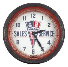 Hudson Autos Sales Neon Light Up Clock Antique Advertising