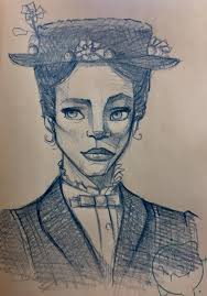 Sketchbook Drawing, Mary Poppins. Blue color pencil.