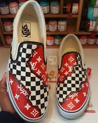 Black And White Checkered Vans With Red Flames Custom Vans Flame On Lv X Supreme X Checkered Any Size Sq Customs Custom Vans Shoes Vans Shoes Fashion Vans