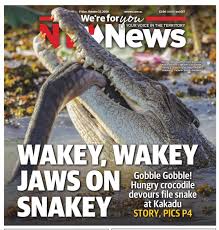 Park rangers in the northern territory are cautioning tourists about swimming in local waterways after a 3.3 metre saltwater crocodile was caught this week. The Nt News On Twitter Tomorrow S Front Page Splash