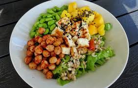 En Lunchtallrik Helt I Min Smak Fylld Med Favoriter Mango Sojabonor Stekta Kikartor Halloumi Och Dar Under Gommer Sig Sallad Gurka Food Halloumi Mango