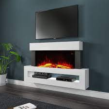 How does an electric fireplace work? White Wall Mounted Electric Fireplace Suite With Led Storage Shelf Amberglo Agl019 Appliances Direct