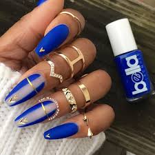 Matte black nails stiletto nails coffin nails fake nails | etsy. Bellalacquer In Birkin Bleu Topped W A Matte Topcoat And Gold Embellishments From Oceannailsupply Bluest Blue Nails Nail Designs Blue Nail Art Designs