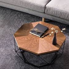 Contemporary Geometric Wood Coffee Table Walnut End Table Octagonal Tabletop Metal Base Large Interiores