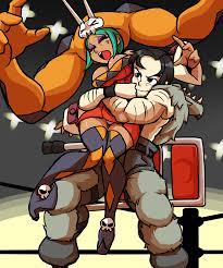 sakasa gurasan, beowulf (skullgirls), cerebella (skullgirls), the hurting,  vice-versa (skullgirls), skullgirls, argyle, fur, highres, 1boy, 1girl,  aqua hair, argyle clothes, argyle legwear, arm hair, battle, bearhug, black  hair, boots, breasts, chair ...
