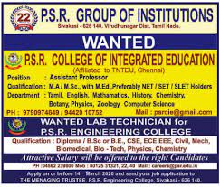 Engineering college lecturer jobs is easy to find. Psr College Of Integrated Education Sivakasi Wanted Assistant Professor Facultyplus