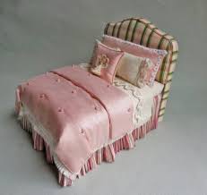 Dollhouse Miniature Plaid Upholstered Headboard Bed Artisan Made Elegant Classic Pink Upholstered Headboard Wooden Dolls House Furniture Doll Furniture Diy