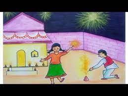 Diwali Celebration Easy Drawing For Kids How To Draw Diwali Special Scenery Youtube Drawing For Kids House Drawing For Kids Nature Drawing For Kids