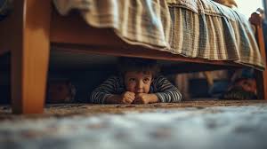 Young boy hiding under the bed at home | Premium AI-generated image