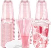 16oz Disposable Stemless Glasses with Flat Lids and Straws,PET Disposable  Drinking Cups,Clear Pla... Pink 100