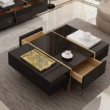 A lower shelf provides a space to store magazines or display keepsakes. Rectangular Coffee Table Black Coffee Table With Drawers Table With Storage Gold Metal In 2021 Black Coffee Tables Centre Table Living Room Coffee Table Design Modern