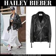 Hailey Baldwin In Black Leather Jacket And White Sweatpants In La On November 30 Leather Jacket Black Leather Jacket White Sweatpants