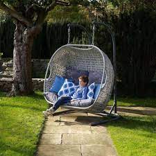 Cosy and cocooning for two people to share, this double egg chair comes with extra thick seat cushions, adjustable headrest and a safety belt to keep the chair swinging within range. 2021 Bramblecrest Monterey Double Hanging Cocoon Chair