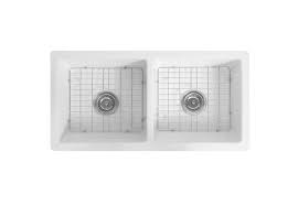 All brite spot free stainless steel faucet, single bowl sink with drain and strainer, bottom grid and kitchen towel; Tuscany Farmhouse Apron Front White Ceramic Double Bowl Kitchen Sink At Menards