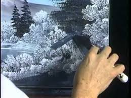 in a clip from this one hour video workshop bob creates space for a cabin in the midst of snow covere bob ross paintings bob ross art bob ross painting videos