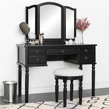Best Choice Products Bedroom Vanity Hair Dressing Table Set With Tri Folding Mirror And Upholstered Stool Seat Black Walmart Com Mirrored Vanity Table Bedroom Desk Dressing Table Set