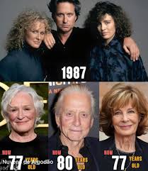 Glenn Close, Michael Douglas, and Anne Archer in Fatal Attraction (1987)  compared to today (2025)