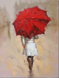 Peinture sur toile femme en blanc sous un parapluie rouge.