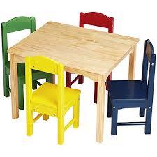 Amazonbasics Kids Wood Table And 4 Chair Set Natural Table Assorted Color Chairs Review Kids Wooden Table Wooden Table And Chairs Kids Table And Chairs
