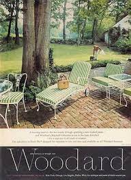 1962 Woodard Print Ad Features Mayfield Collection In Green Striped White Iron Vintage Patio Furniture Vintage Patio Patio Furniture Redo