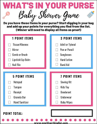 What S In Your Purse Baby Shower Game With Free Printable Free Printable Baby Shower Games Baby Shower Games Baby Shower Games For Large Groups
