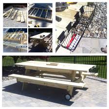 Made A Custom Picnic Table On Lawnmower Wheels With Handles So One Person Can Move It Also Has Umbrella Poles And H Outdoor Decor Picnic Table Outdoor Gardens