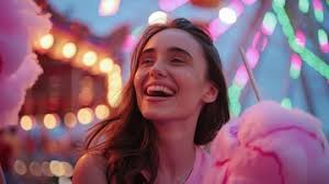 A woman with a violet cotton candy smile enjoys the fun event at the  carnival aig