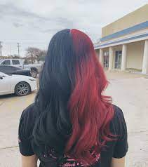 Half red half black shoulder length wavy synthetic wefted cap wig ww004. Half And Half Hair Color Red And Black Split Dyed Hair Half Colored Hair Aesthetic Hair
