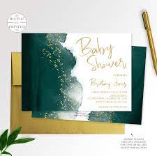 Modern Gold Dust Emerald Baby Shower Invitation Green Etsy Green Baby Shower Invitations Baby Shower Invitations Baby Shower