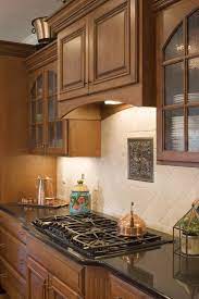 Cool Tone Stained Kitchen Cabinets And Hood With Black Countertop Stained Kitchen Cabinets Cabinets And Countertops Kitchen Cabinets