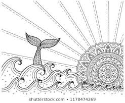 Whale Diving Into Sea Against The Sunset Coloring Book Page Antistress Ocean Landscape With Waves Manda Ocean Coloring Pages Sunrise Art Mandala Art Lesson