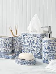 Search for blue bathroom accessories. Porcelain Blue Toile Bathroom Accessory Collection